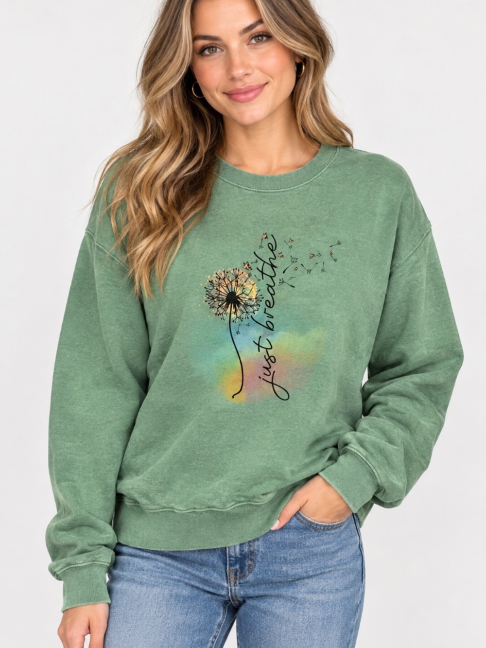 Sage Green Dandelion 'Just Breathe' Graphic Crewneck Sweatshirt XL